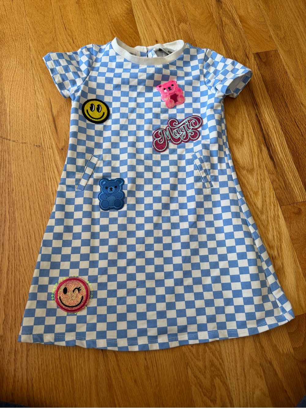 Rare Editions Girls ShortSleeve Checkerboard Dress with Patches, style F246535.